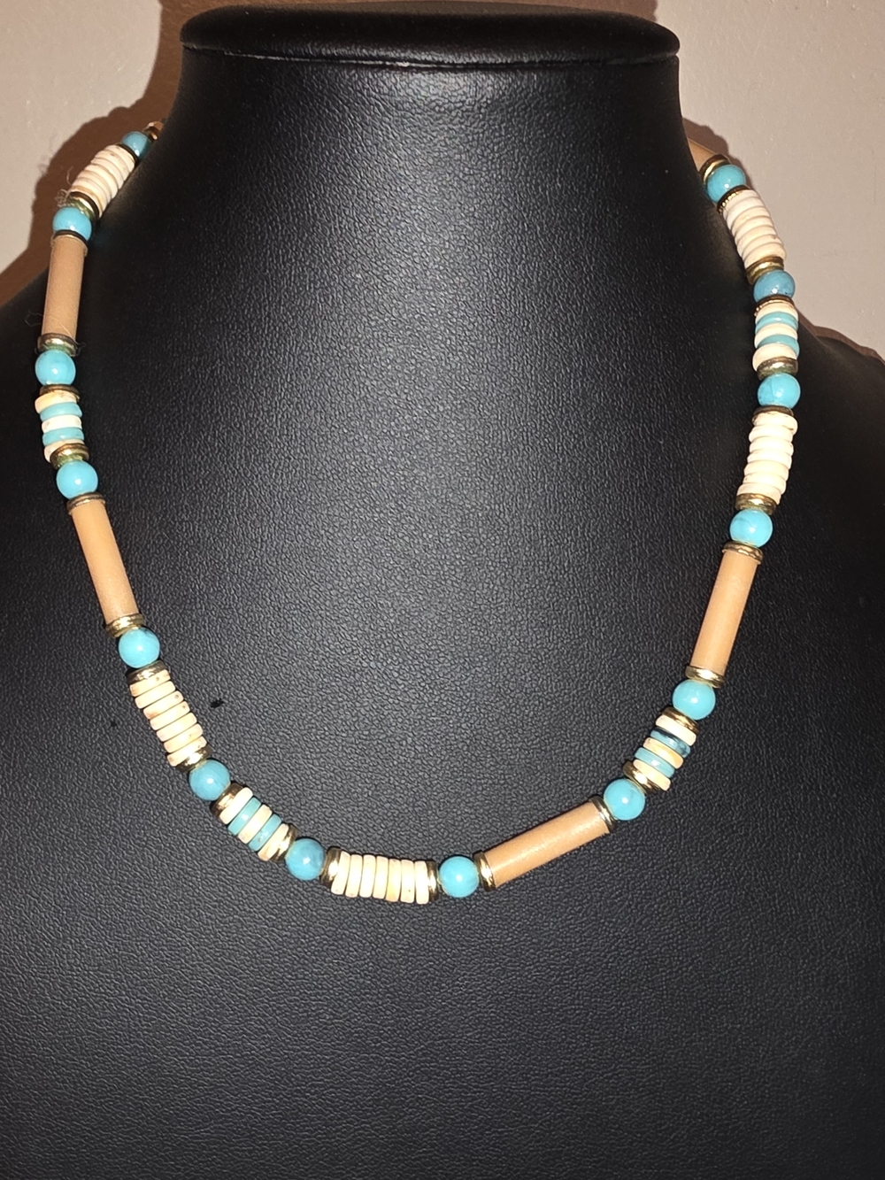 Turquoise & Cream Beaded Necklace. Unisex. Coastal Boho.
